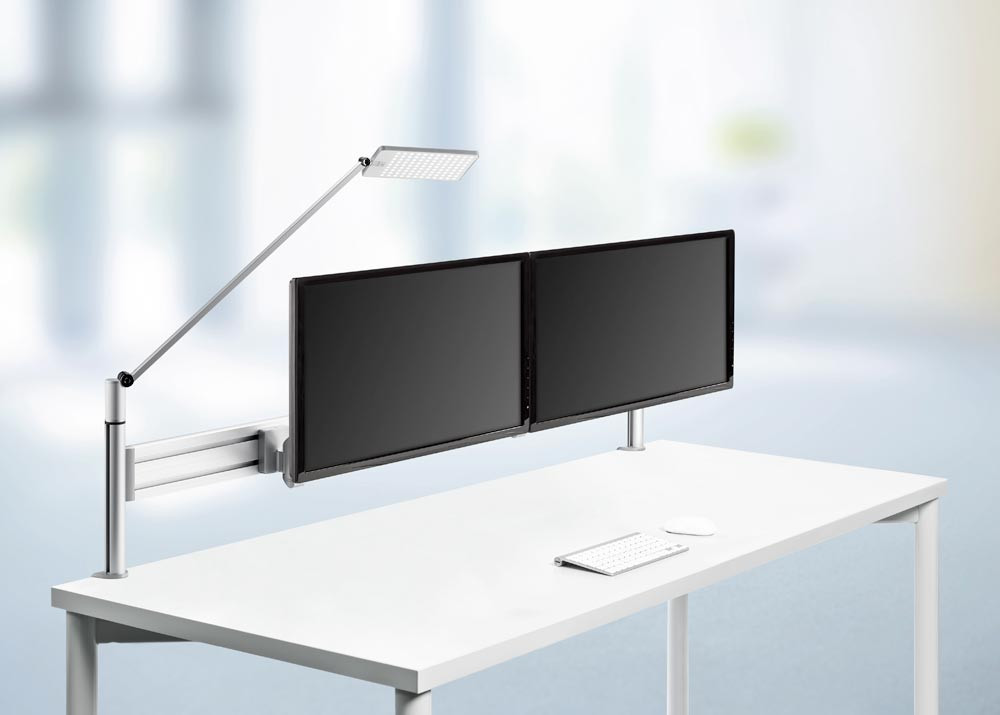 Monitorleiste, Set: 2 Alu-Säulen mit Tischklemme, Befestigungsleiste 1600  mm, 2 Monitor-Schwenkarme, LED-Leuchte - albw - Online-Shop